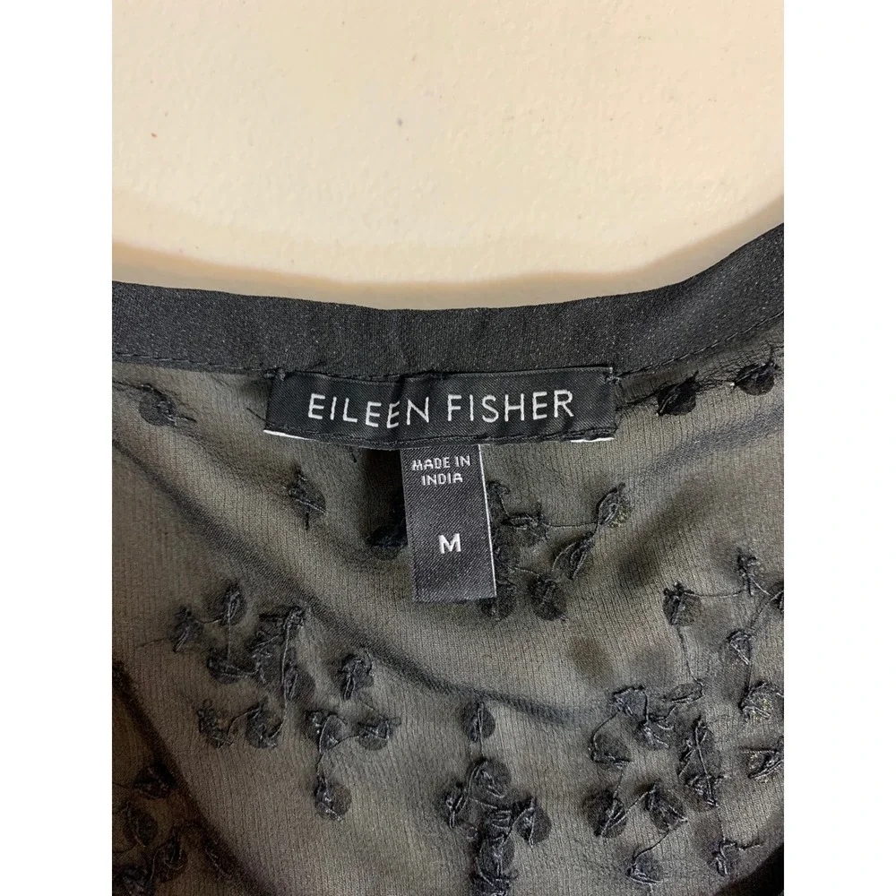 Eileen Fisher Silk Sequin Embroidered Sheer Boxy Top Black Womens Size Medium
